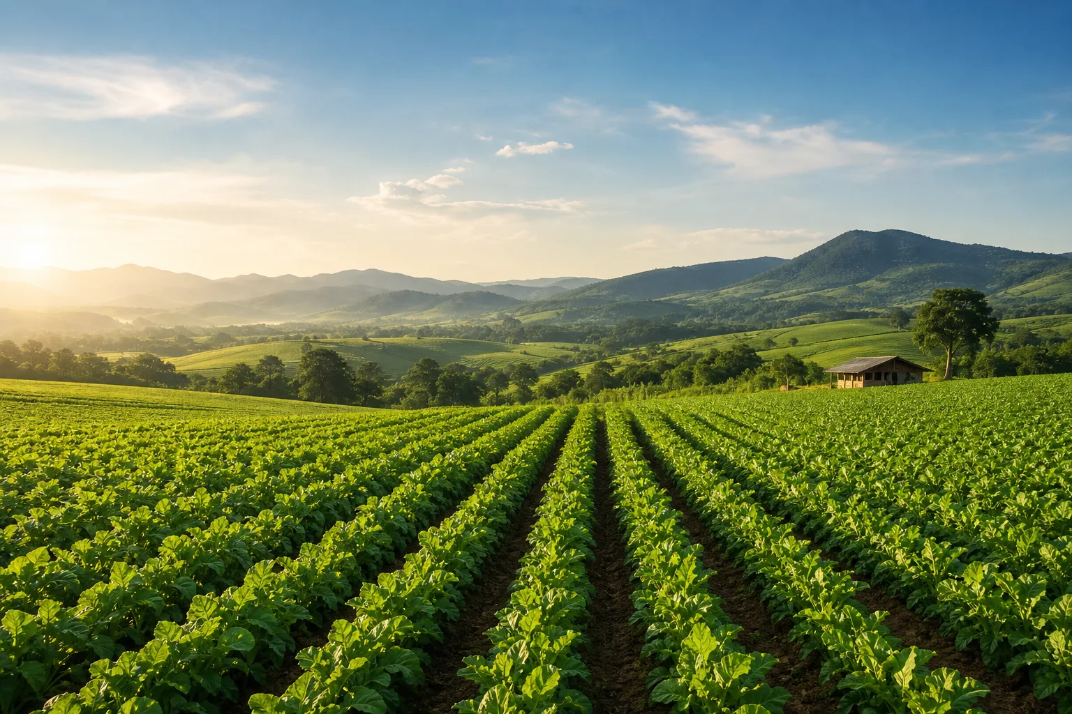 Green cultivated farmland with hills in the distance