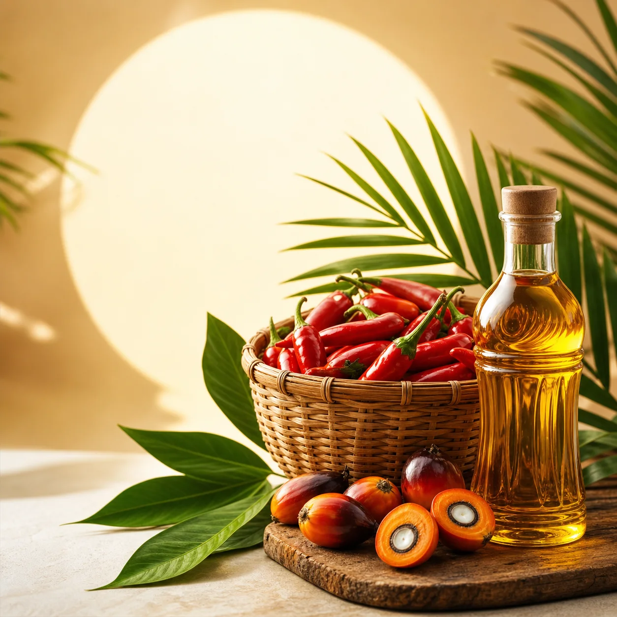 Basket of peppers beside palm oil bottle