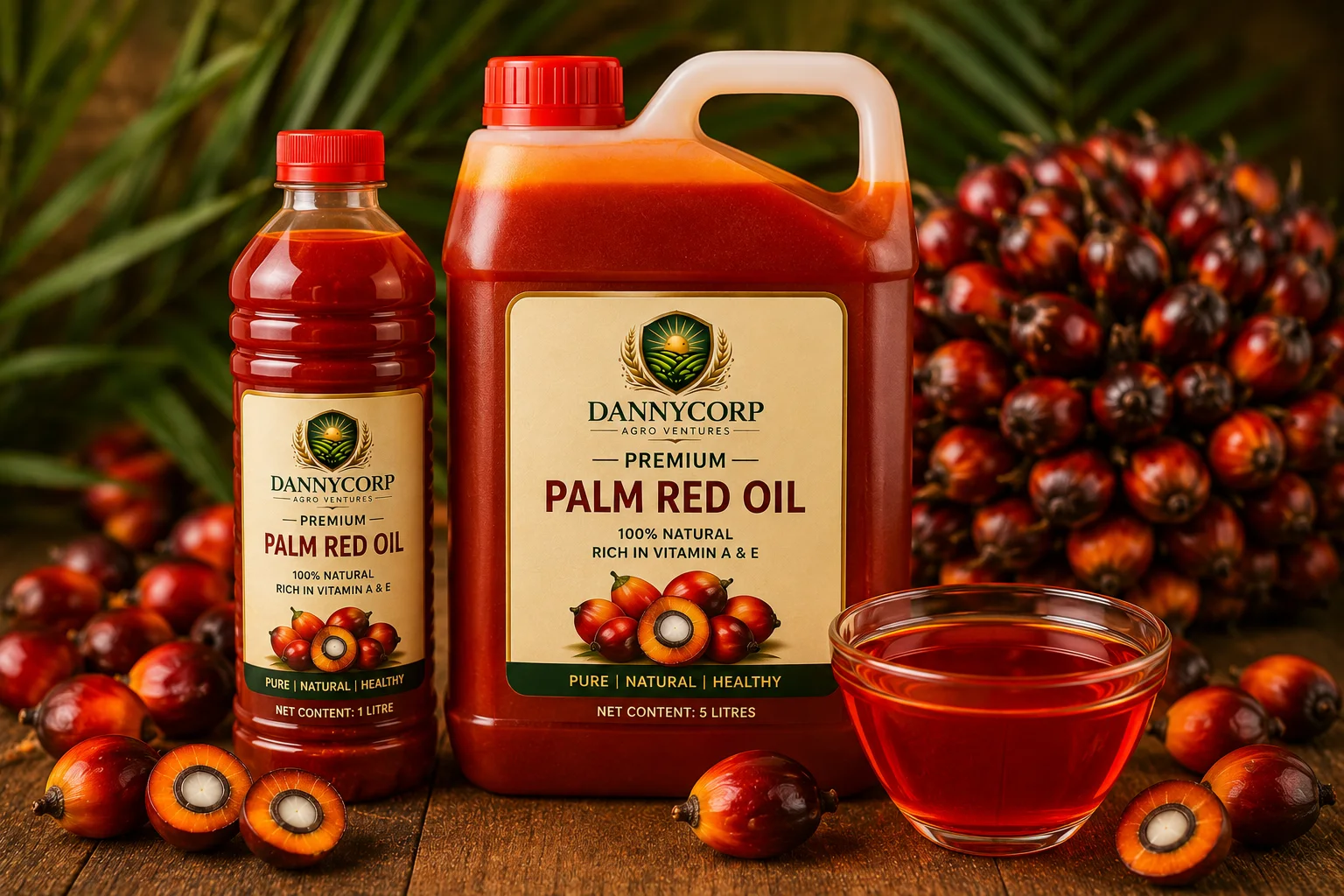 Palm oil bottles and fruit